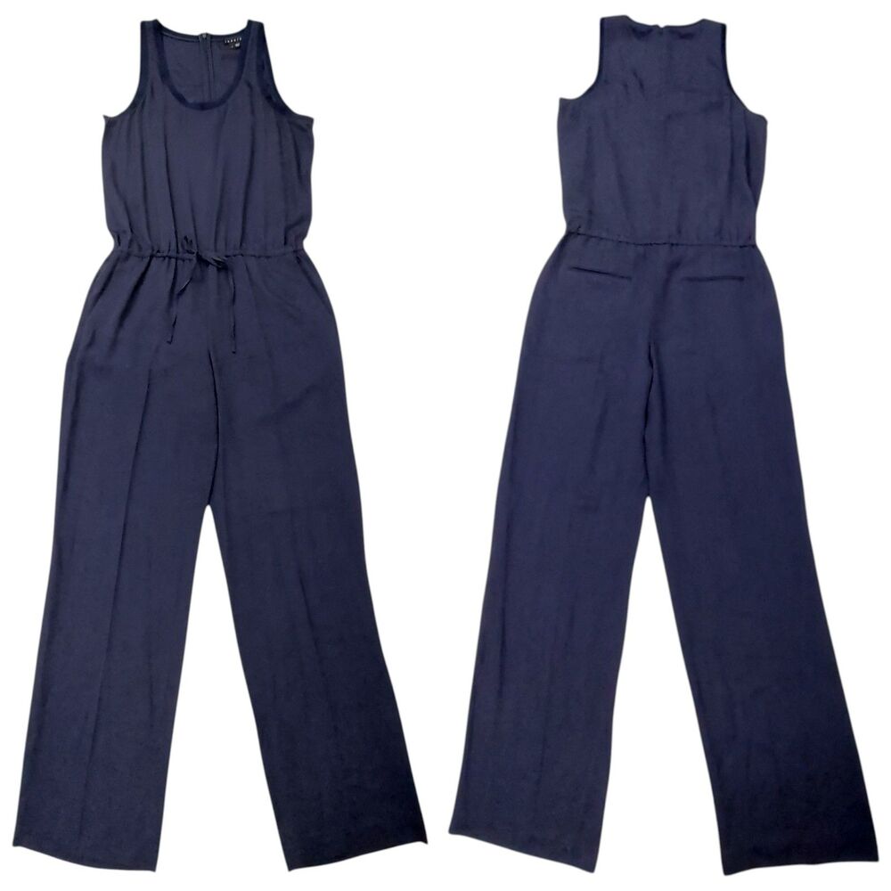 Theory Jumpsuit Womens 6 Navy Silk Sleeveless Tie Front Straight Leg Relaxed Fit